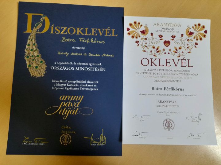 ARANYPÁVA-DÍJ A BOTRA FÉRFIKÓRUSNAK ÉS DÚDOLÓ ÉNEKCSOPORTNAK